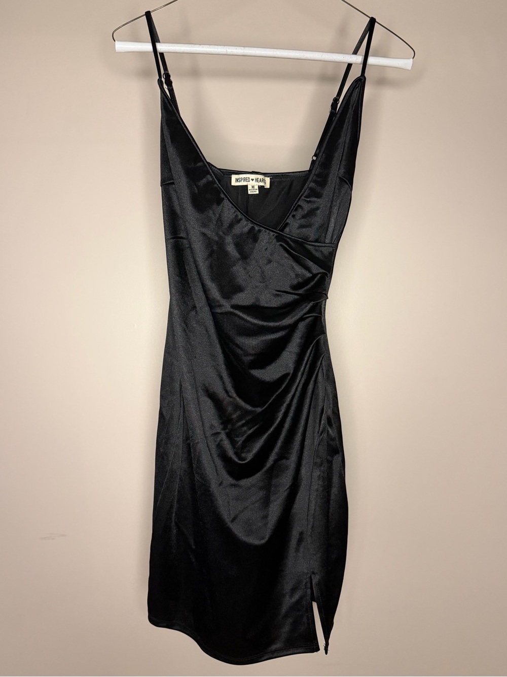 Inspired Hearts Black Satin Slip Dress with Side Slit
